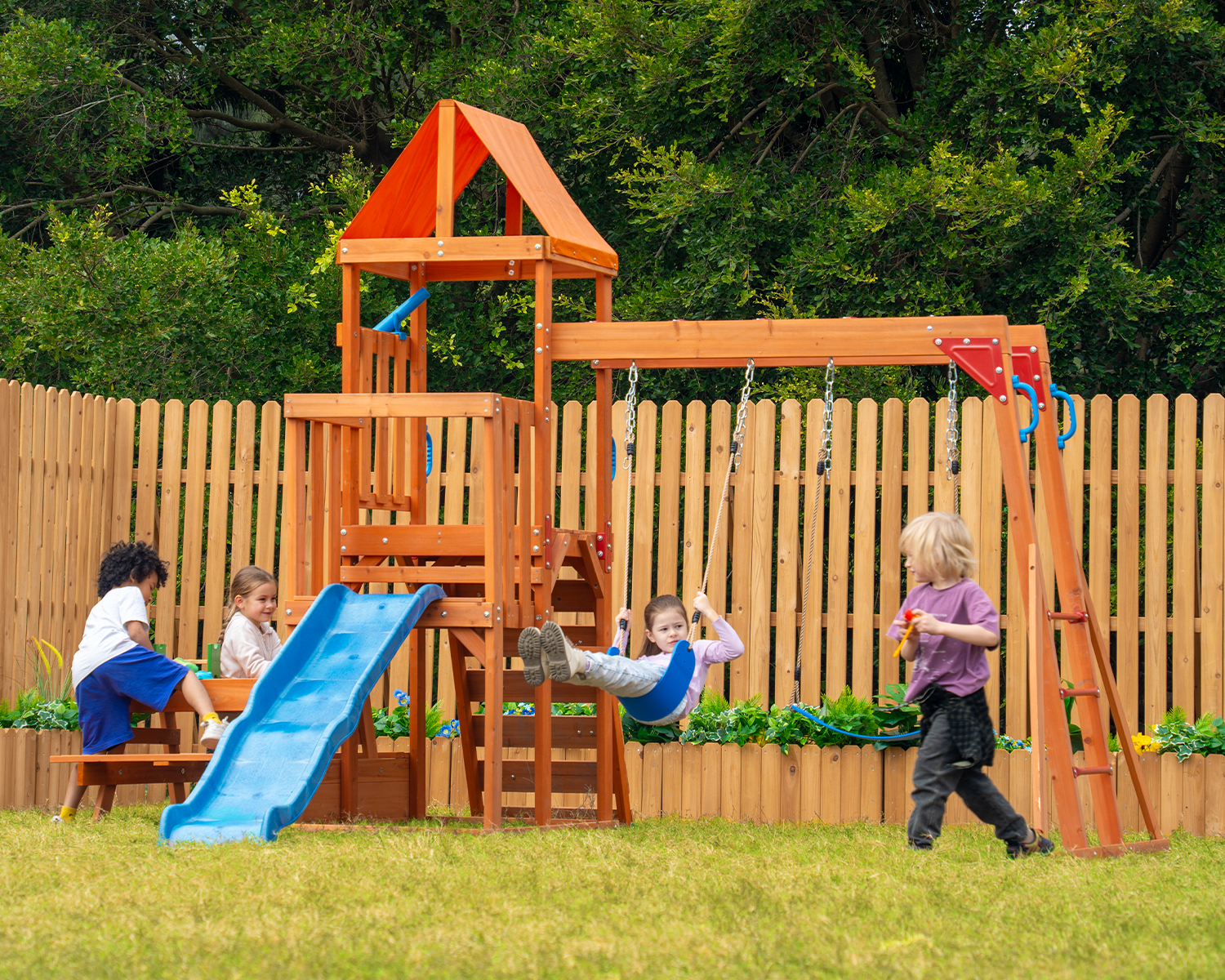 DOLPHIN PLAYGROUND Outdoor Wooden Playset with Monkey Bars, Wave Slide, Climbing Wall, Picnic/Sand Table