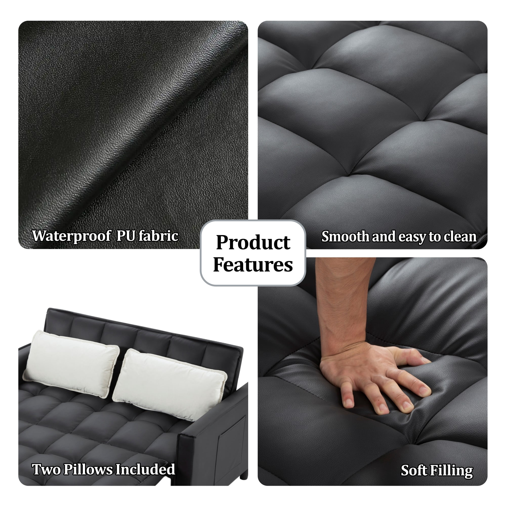 Gewnee 53.94" Pull-Out Sofa Bed – Convertible Twin Size Sleeper Bed,3 Adjustable Backrest Angles & Storage Side Pocket for Living Room,Office,Guest Room.Black PU