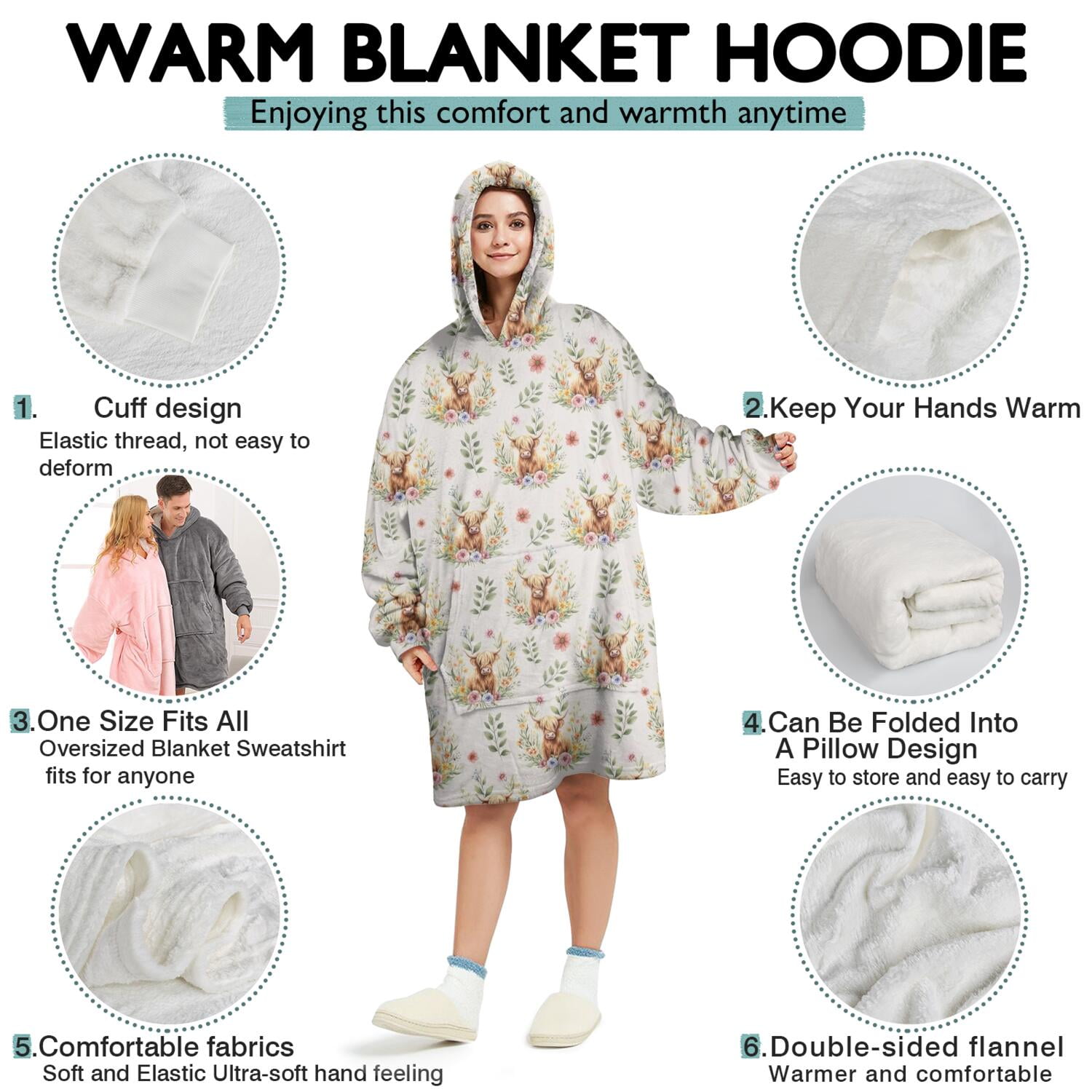 Beige Highland Cow Flower Pattern Wearable Oversized Blanket,Wearable Blanket Hoodie for Adults,Cozy Hooded Blankets with Super Pockets,Super Warm Fuzzy Pullover for Women & Men