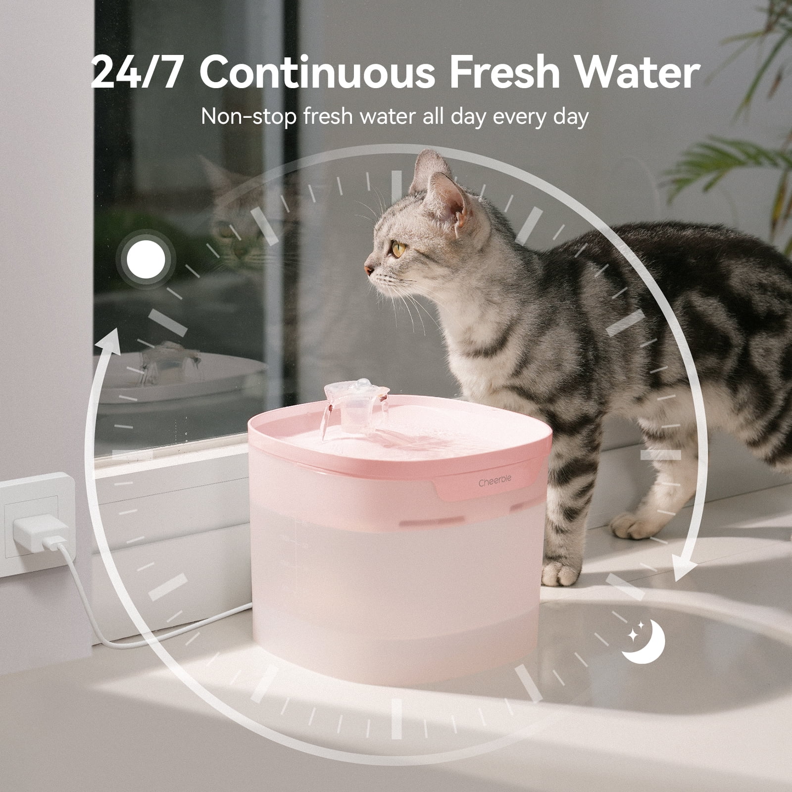 Cheerble Elfin E1 Lite Pumpless Plastic Pet Water Fountain with Filter, 2 L, Sakura Pink