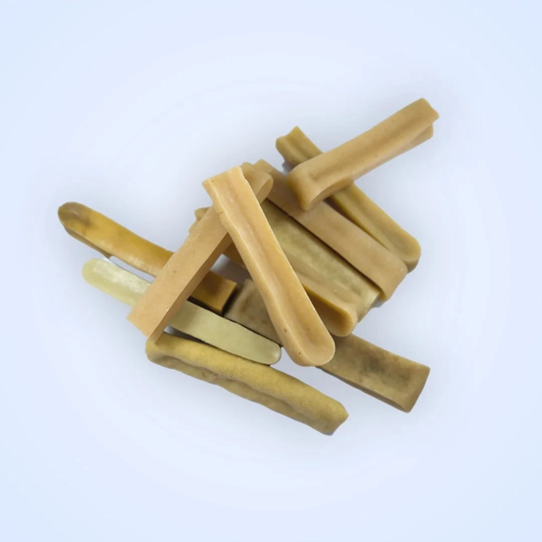 Happy Treats yak cheese dog chews, crafted from natural ingredients like yak and cow milk, are cherished by pet owners for their durability and minimal processing. (Large 3 Lbs)