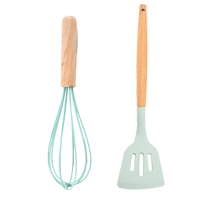 Juego de utensilios de cocina de silicona, juego de utensilios de cocina resistentes al calor con mangos de madera de 2 piezas, juego de herramientas de cocina