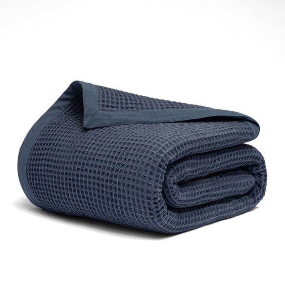 All Season Organic Cotton Throw Blanket 55x60, Waffle Knit Bed Sofa Blanket, Modern Living Room Decor, Ultra Soft, Blue
