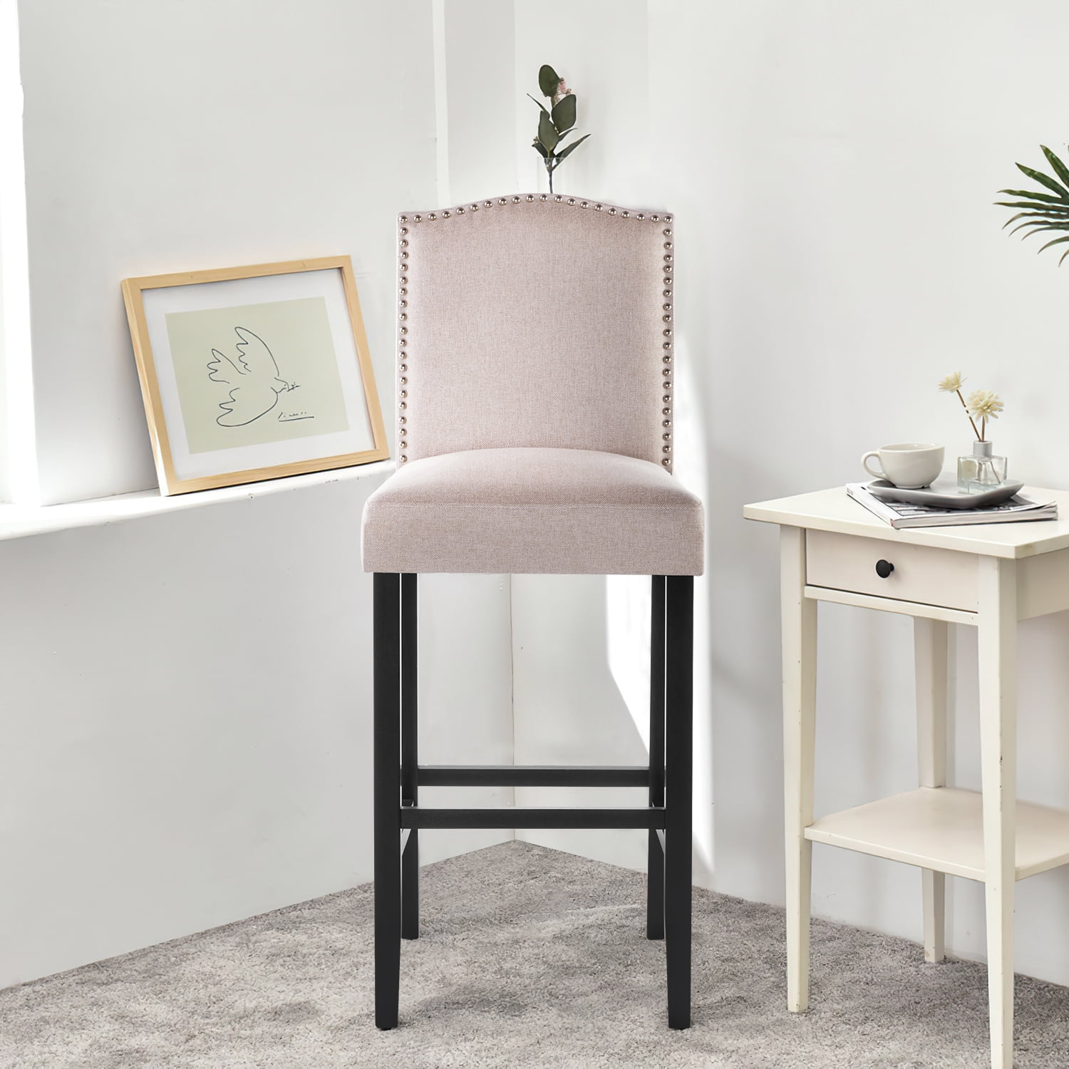 Kadyn Bar Counter Chairs with Nailhead, 2 Pcs Modern Bar Stools, Upholstered Dinner Chairs for Bedroom, Dining Room, Wheat