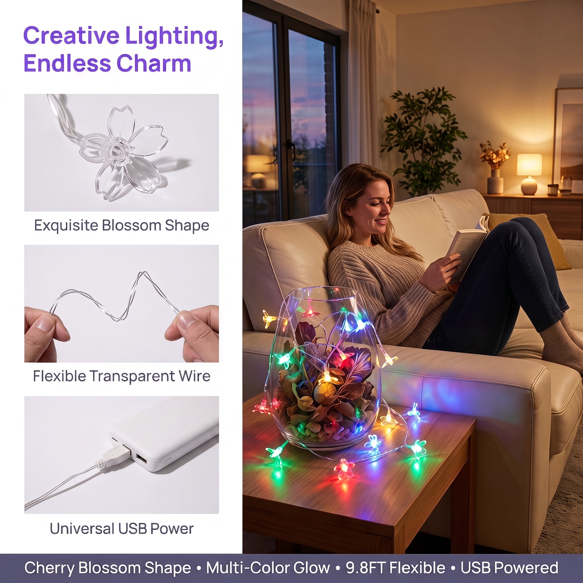 Unique Bargains Indoor Aesthetic Botanical Fairy Lamps 9.8 ft Colorful USB Powered