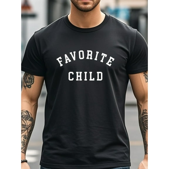 Men'S Casual Cotton T-Shirt, "Favorite Child" Print, Crew Neck, All-Season, Regular Fit, Medium Stretch, 180gsm, Breathable Moisture-Wicking Knit Fabric - Black - DXC00117