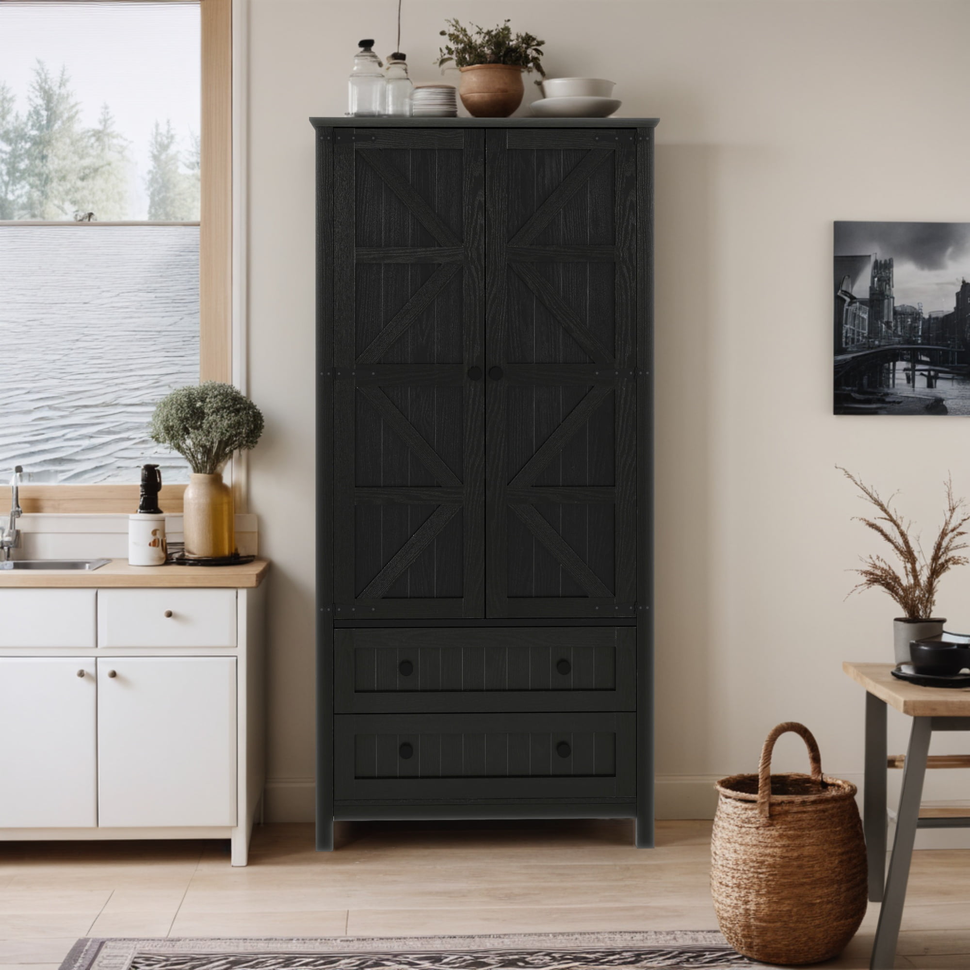 Uforic Kitchen Pantry Storage Cabinet with Drawers & Shelves, Farmhouse Kitchen Furniture, Black