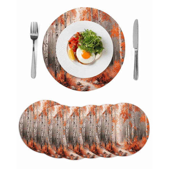 Red Orange Round 15 Inch Placemats Set of 6, Modern Oil Painting Art Forest HeatResistant Non Slip Place Mats for Dining Table, Wipeable Braided Kitchen Table Mats for Housewarming