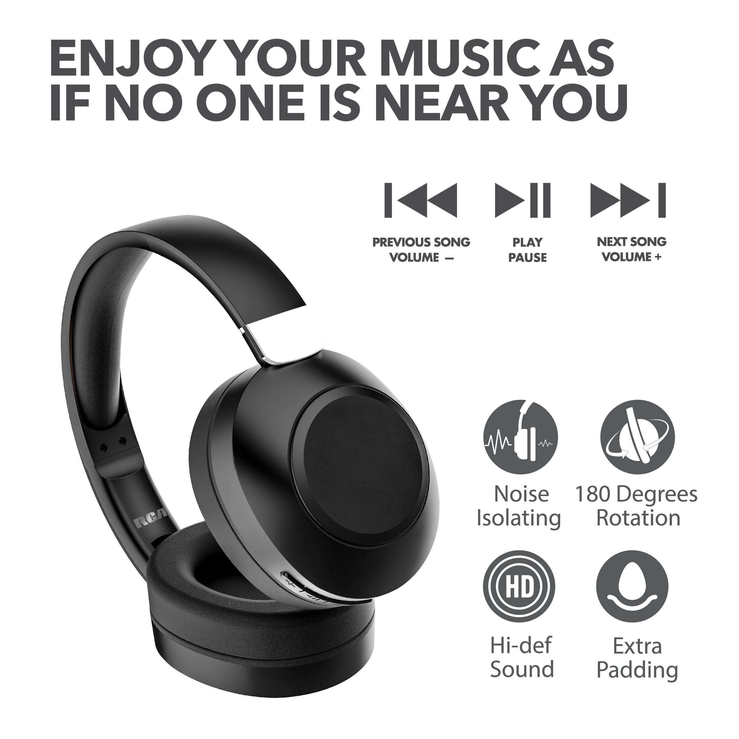 RCA Wave-54 Bluetooth Headphones, 40H Playtime, Hi-Res Audio, Black
