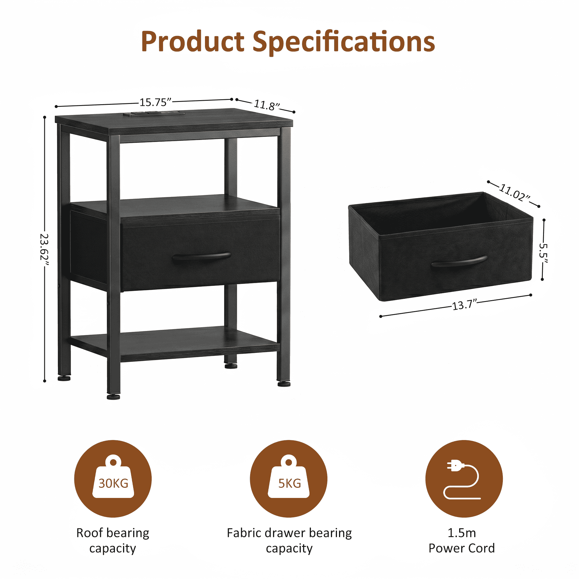 LIFERECORD Night Stand with Fabric Drawer, Nightstand with Charging Station, End Tables with Storage Shelf for Small Spaces, Bedside Table Side Tables for Bedroom, Black