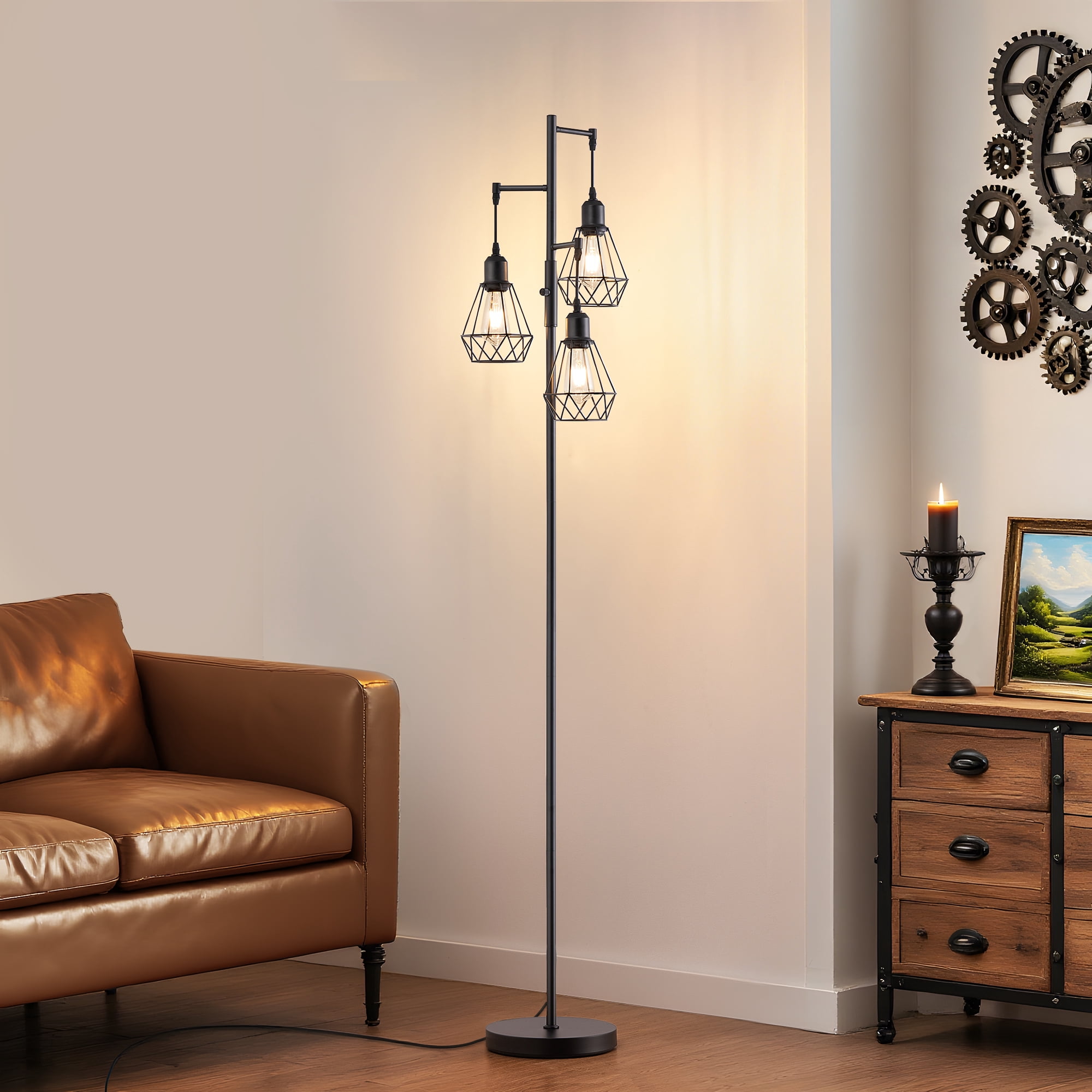EDISHINE 70IN Farmhouse Industrial Floor Lamps for Living Room, Dimmable, Metal Standing Tree Lamp for Bedroom, Office, Home Decor, Lighting, 3 LED Edison Bulbs Included, Black