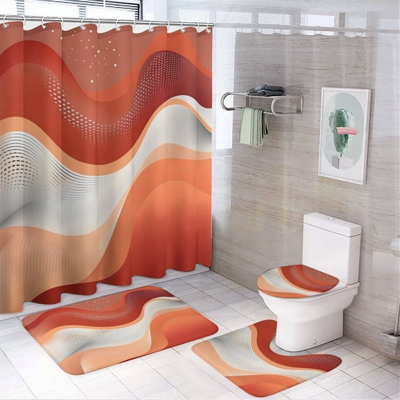 Wavy And Solid Red And Orange Print 4 Pcs Shower Curtain Set with Non-Slip Rugs Toilet Lid Cover And Bath Mat Orange Spring Paint Colorful Red Waterproof Shower Curtain for Bathroom Decor Set