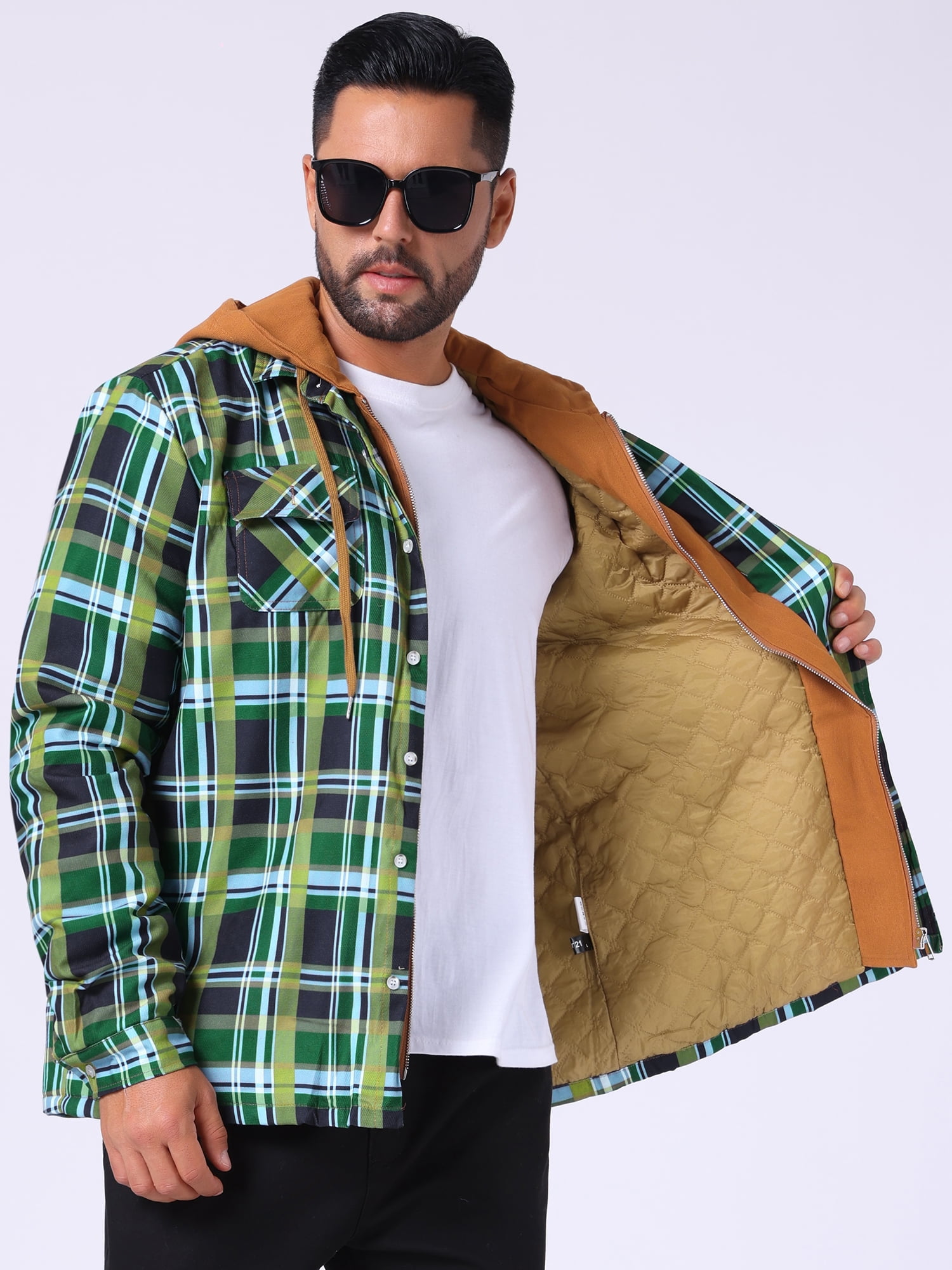 DARING DIVA Shirt Jacket Drawstring Hooded Plaid Shacket L Green Khaki