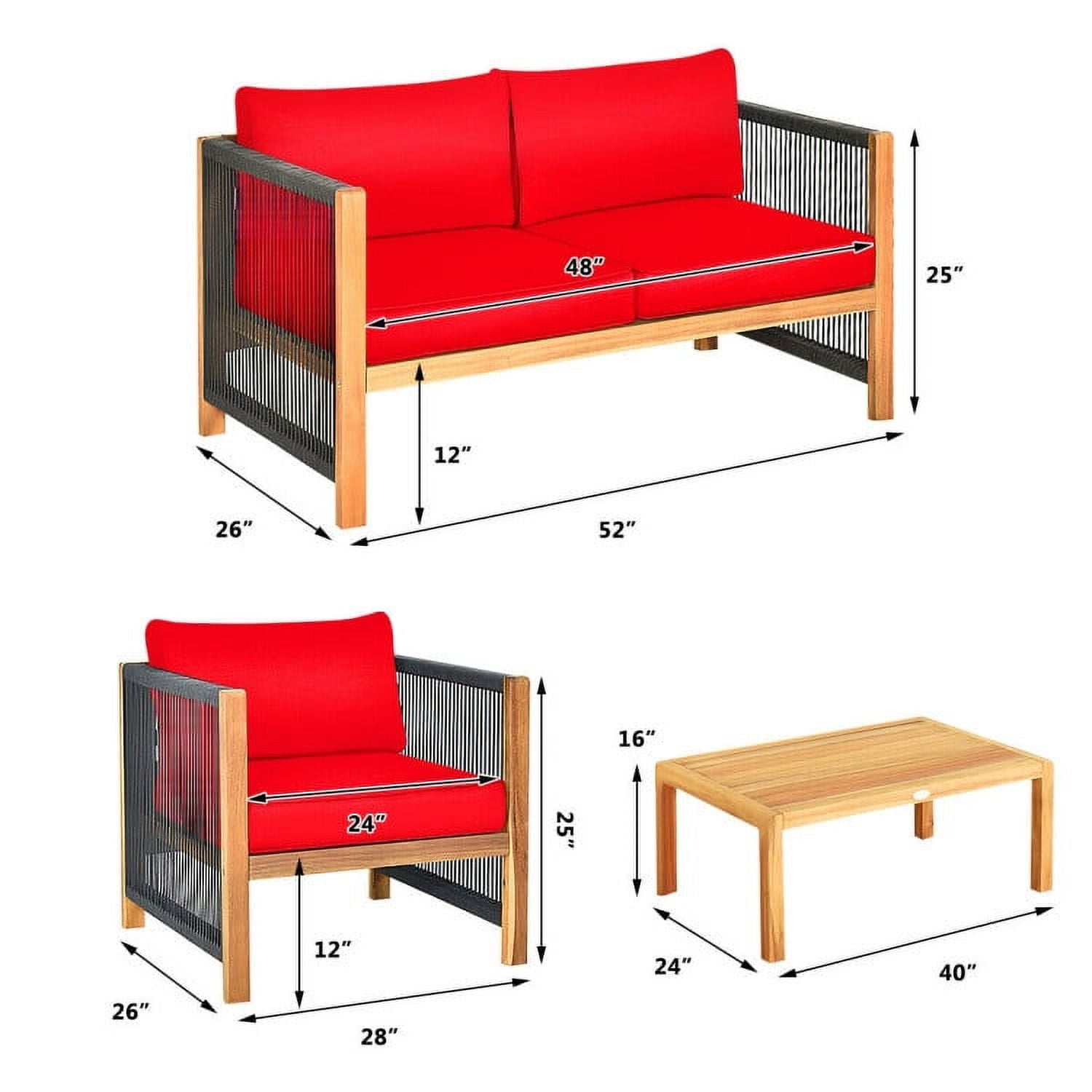 Aimee Lii 4 Pieces Acacia Wood Outdoor Patio Furniture Set with Cushions, Wooden Patio Furniture Set, Red