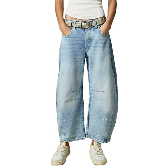 Wangsaura Femmes Baggy Mi-Hauteur Jeans Jambe Large en Vrac Petit Ami Denim Harem Recadrée Pantalon Vintage Baril Jeans