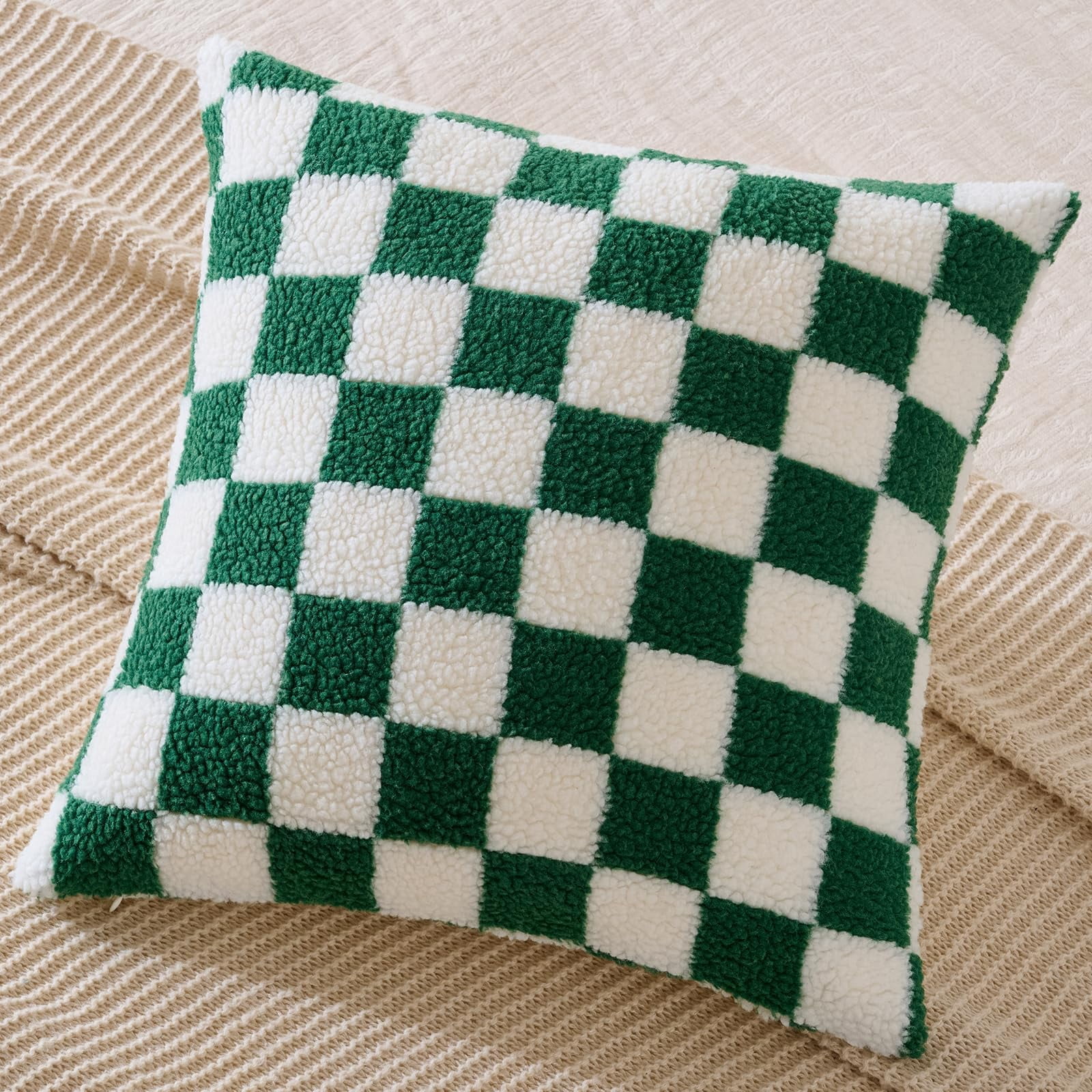 Lanola Pack of 2 Decorative Throw Pillow Covers Checkerboard Luxury Super Soft Faux Fur Wool Set Case Cushion for Couch Sofa Bedroom 18 x 18-Inch Camel