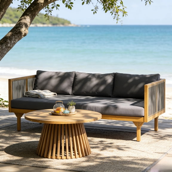 Christopher Knight Home 2-Piece Outdoor Patio Set, Acacia Wood Rope Sofa with Round Coffee Table, Gray Dark Gray