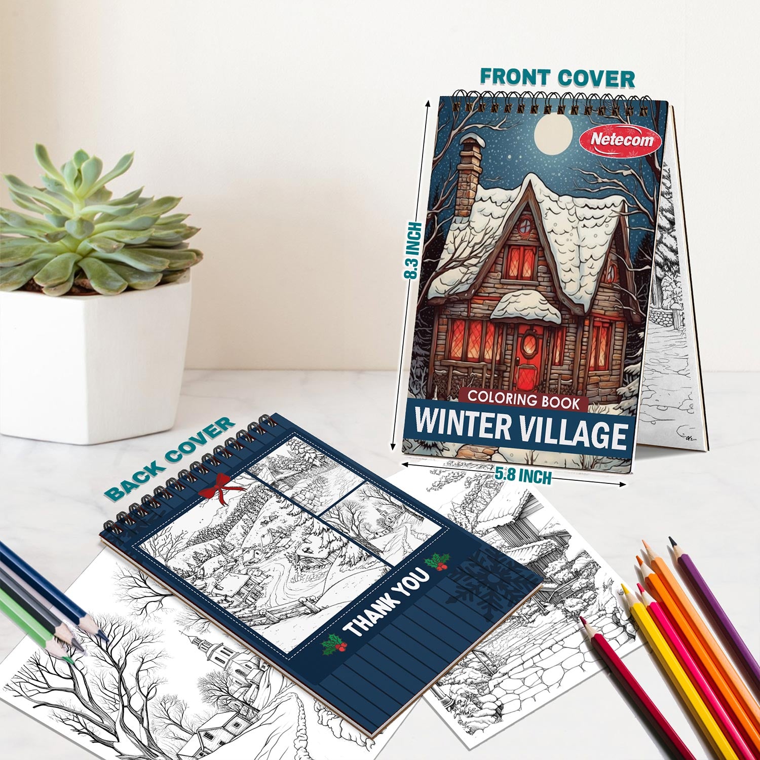 Netecom Winter Village Coloring Book Spiral Bound for Adults, A5 Wooden Cover, 30 Delightful Coloring Pages of Cozy Winter Villages for Stress Relief and Relaxation