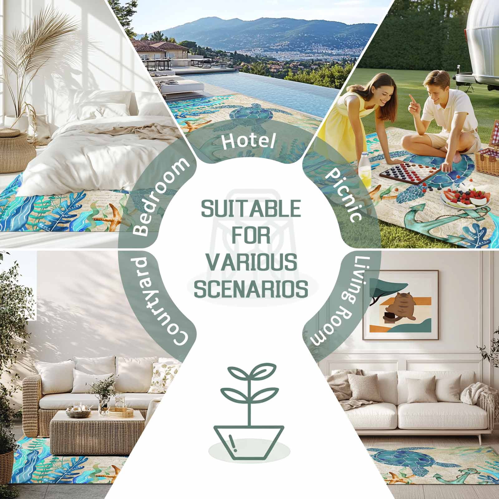 4' x 6' Outdoor Rug, Teal Sea Turtle Coastal Outdoor Washable Rug Large Floor Carpet, Vintage Summer Beach Seaweed Non Shedding Area Rug for Outside Patio RV Porch Deck Balcony Camping Living Room