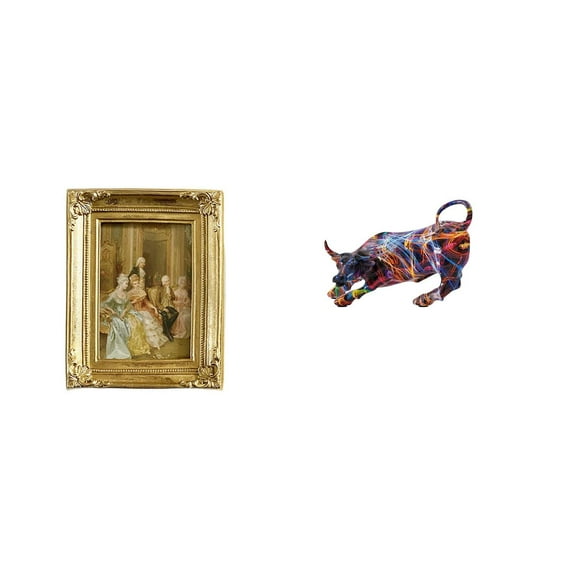 Tnarru Resin Photo Frame Card Display Holder Poster Glass Front Picture Frame with Modern Bull Figurines Artwork Colorful Sculpture Collection for Desktop Tabletop Wall Display Bedroom Office