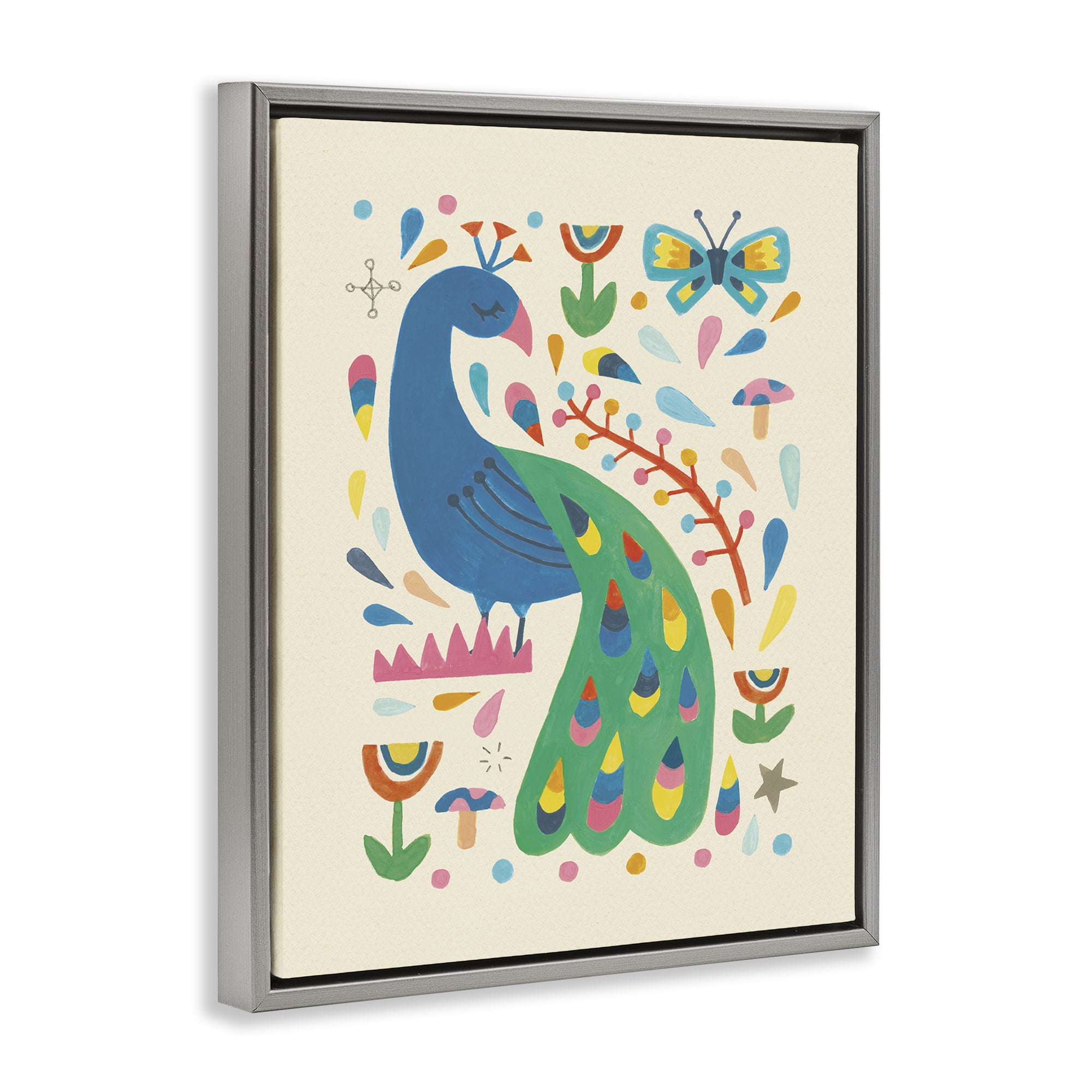 Stupell Industries Pretty Peacock Patterns Animals Painting Gray Floater Framed Canvas Art Print Wall Art, 17 x 21
