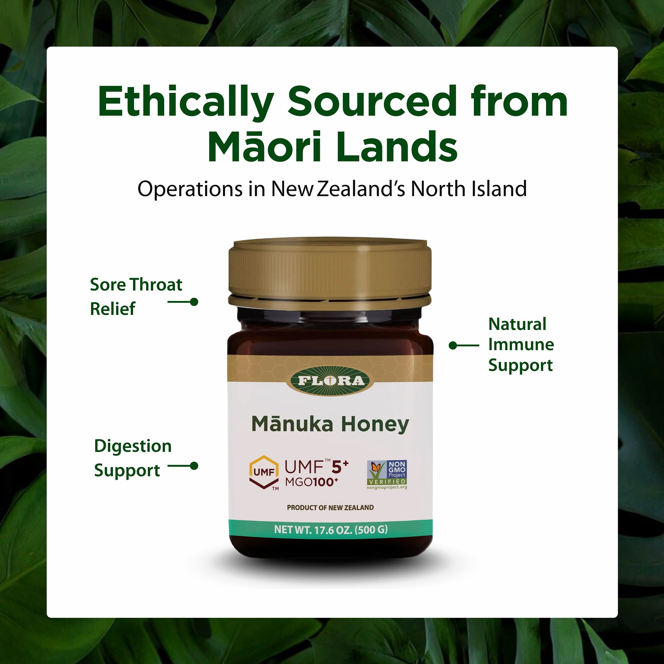 Flora - Mānuka Honey MGO 100+/5+ UMF, New Zealand Honey, 100% Traceable MGO,Natural Healing, Sore Throat Relief, Aids Digestion, 8.8-oz. Jar