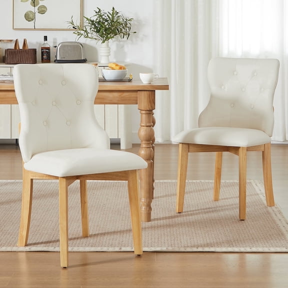 Set of 2 Upholstered Faux Leather Dining Chairs, Button Tufted Side Chairs with Rubberwood Legs, Mid-Century Modern Vanity Chairs for Kitchen & Living Room(Beige)