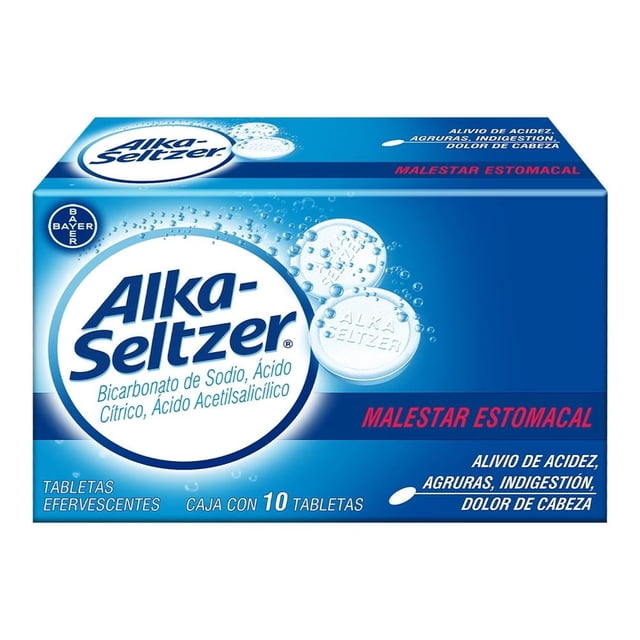 Antiácido Alka-Seltzer alivio del malestar estomacal y dolor de cabeza, caja con 10 tabletas efervescentes blancas en empaque azul, indicado para acidez, agruras e indigestión ácida, recomendado en farmacia y cuidado de la salud para aliviar molestias estomacales y cefalea.