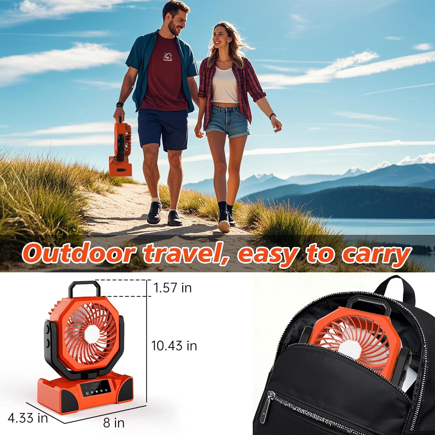 20000mAh Rechargeable Portable Camping Fan - Max 68 Hrs Runtime, Battery Operated with LED Lantern, 5 Speeds, 4 Timers. Desk Fan for Travel & Power Outages (Orange)