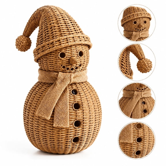 Rattan Woven Snowman Figurine with Santa Hat and Burlap Scarf, Christmas Snowman Decor, Farmhouse Tabletop Ornament, Rustic Winter Mantel Shelf Decoration, Natural Wicker Christmas Home Holiday Decor