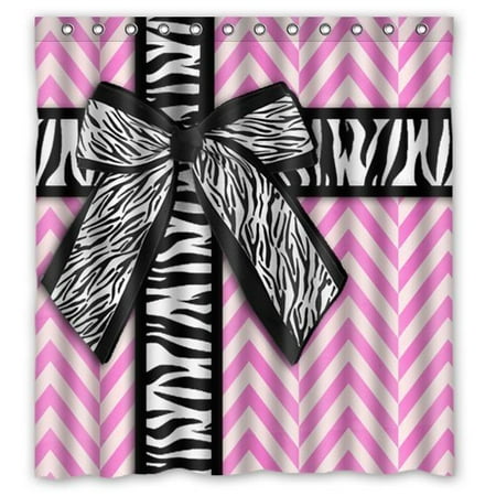 Chevron Zebra - GreenDecor Girly Pink And White Chevron With Zebra Print Ribbon Bow Waterproof Shower Curtain Set with Hooks Bathroom Accessories Size 66x72 inches