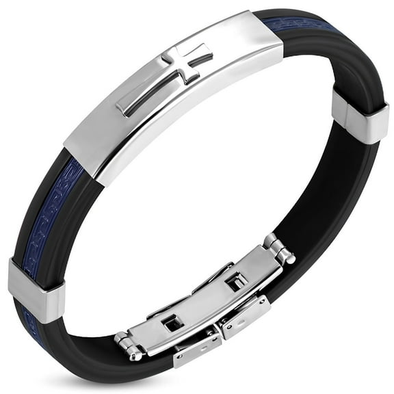 Stainless Steel Blue Black Rubber Religious Cross Bracelet, 8"
