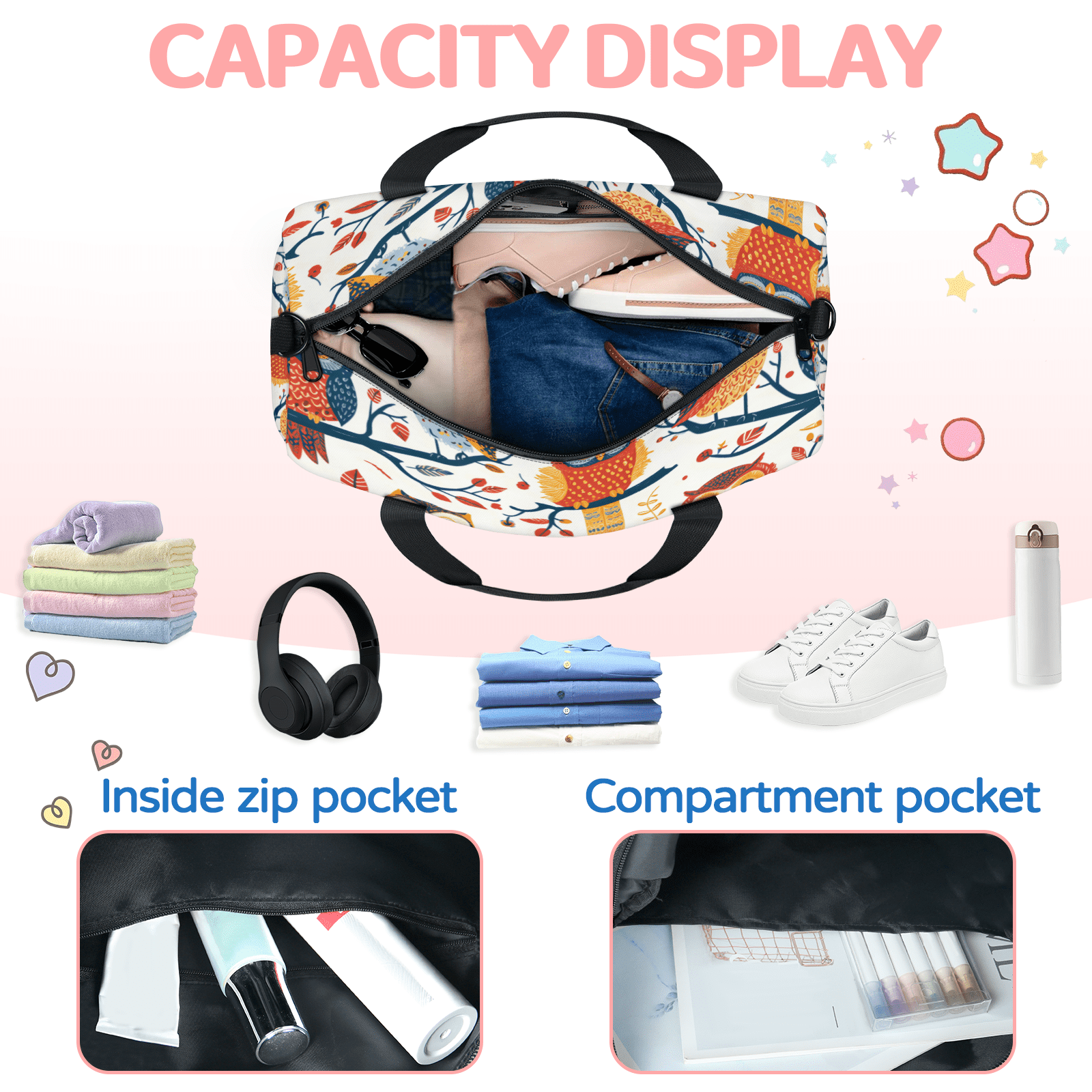 Herdesigns Cute Owl Birds Gym Bag for Women, Duffle Bag for Travel Sport, Lightweight Waterproof Carry on Weekender Overnight Dance Yoga Workout Bags