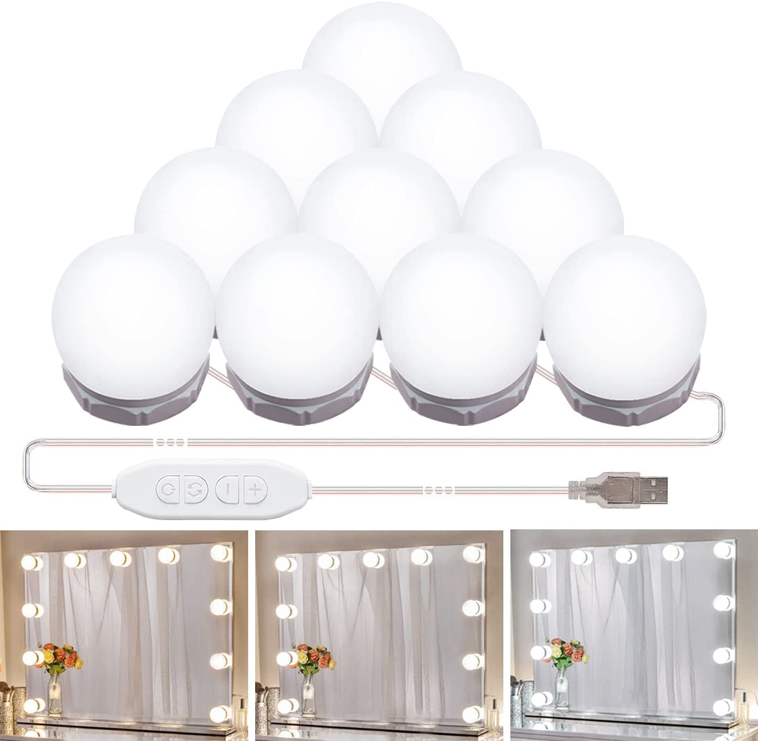Hollywood Mirror Lights Vanity Light with USB Power Cord,Stick-on LED Makeup Mirror Lights for Dressing Table Bath Girls Bedroom Decor,10 Dimmable Bulbs with 3 Color 10 Levels Brightness 