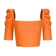 thumbnail image 4 of RYRJJ Women's Elegant Puff Short Sleeve Crop Tops Ribbed Knit Square Neck Basic Slim Fit T-Shirt Blouse(Orange,3XL), 4 of 5