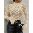 thumbnail image 4 of Women's Floral Lace Mock Neck Long Flounce Sleeve Pullover Sheer Slim Fit Stand Collar Blouse Top S, 4 of 9