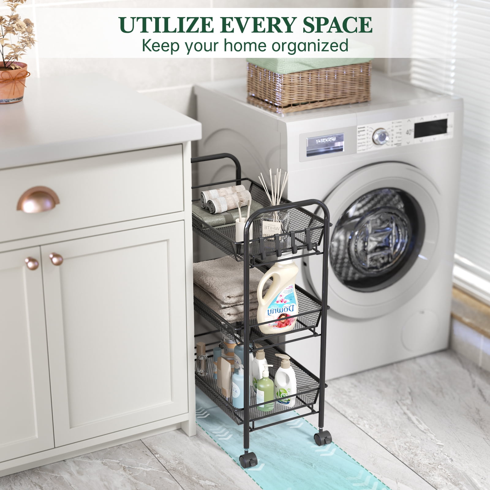 3-Tier Metal Slim Rolling Storage Cart, Bathroom Storage Organizer Rolling Utility/ Mobile Shelving Unit Slide Out Mesh Storage Cart for Office, Bathroom, Kitchen, Laundry Room & Narrow Places, Black