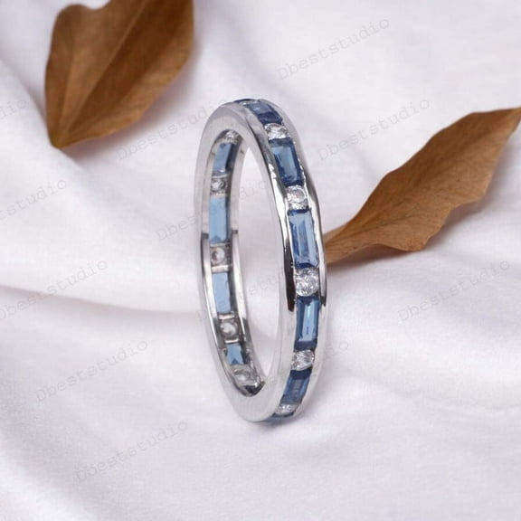 Baguette Sapphire Diamond Eternity Band Women Matching Gold Band Art Deco Annivesary Gift September Birthstone Band