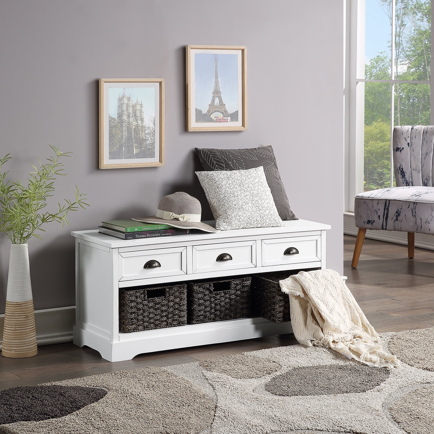 Kadyn Wood Storage Bench, Entryway Shoe Storage Bench with 3 Drawers and 3 Woven Baskets, Modern MDF Bench Seat for Entryway, Bedroom, White Kadyn Wood Storage Bench, Entryway Shoe Storage Bench with 3 Drawers and 3 Woven Baskets, Modern MDF Bench Seat for Entryway, Bedroom, White