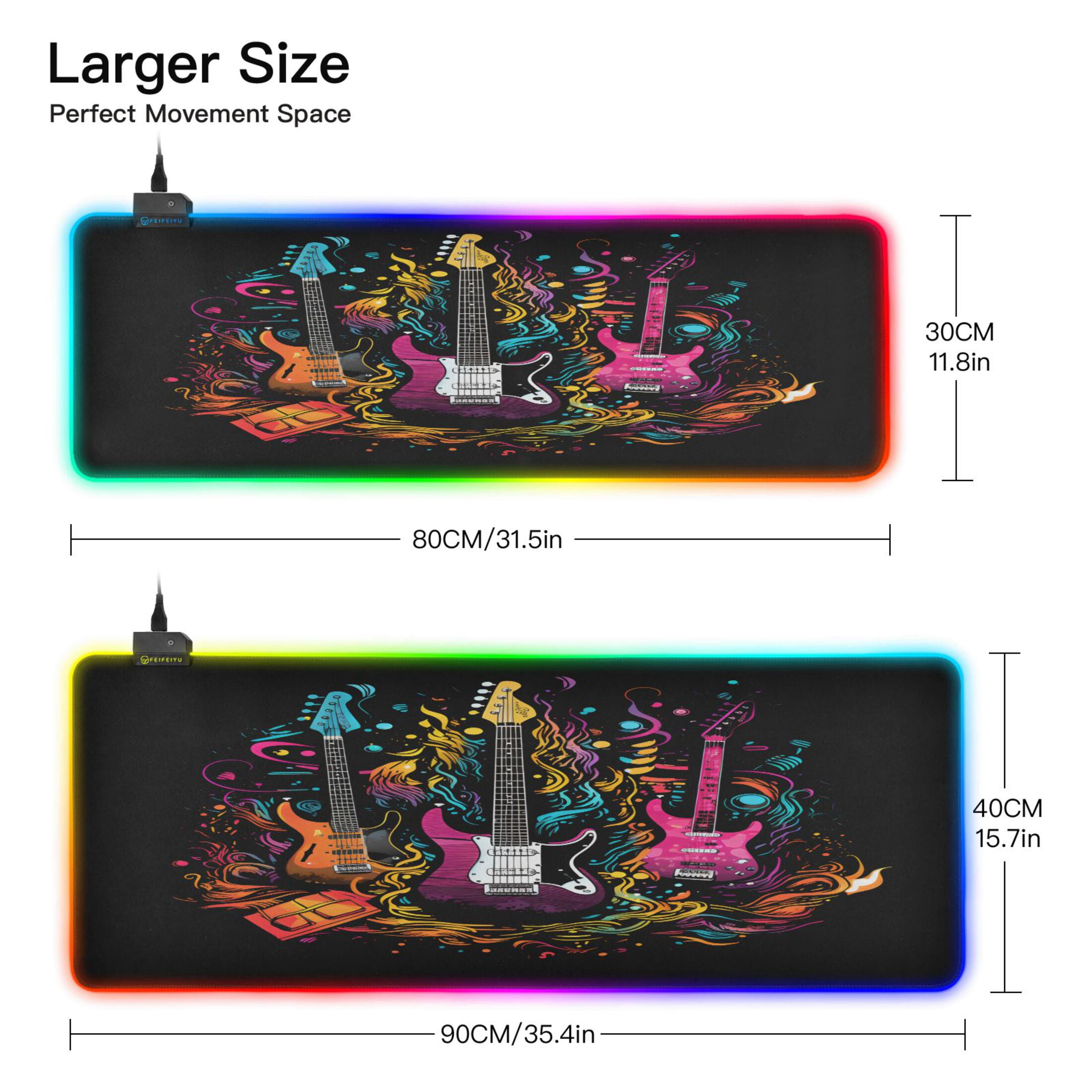 Large RGB Gaming Mouse Pad Led Glowing Mousepad Non-Slip Rubber Base 13 Light Modes 31.5x11.8 Electric Guitar