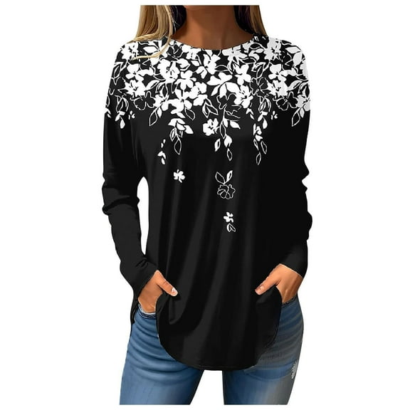 Tiqkatyck Womens Shirts Womens Blouses Dressy Tops Casual Fall Hippie Tshirts Shirts Long Sleeve Cute Tops Floral Tunics Tops Crew Neck Sweatshirts for Women Black L
