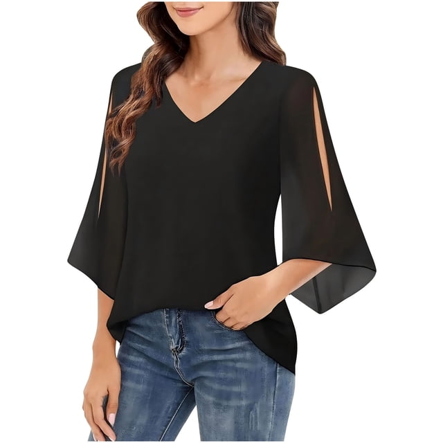 Savings Clearance Womens Ruffle 3/4 Sleeve V Neck Double Layers Chiffon Blouses Dressy Tops