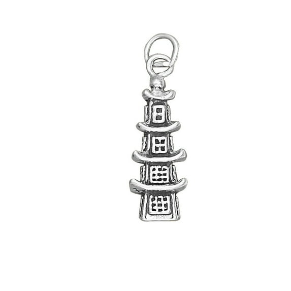 Sterling Silver 24" 1mm 3D Asian Chinese Japanese Buddhist Temple Pagoda Pendant Necklace