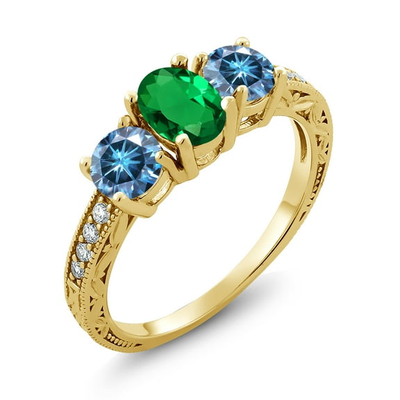 Gem Stone King 18K Yellow Gold Plated Silver 3-Stone Ring Oval Green Nano Emerald and Vivid Persian Blue Moissanite (1.72 Cttw, Size 9)