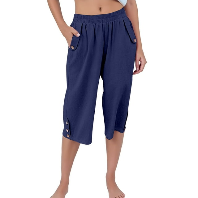 Pantalones capri deportivos lisos y sexys para mujer: cintura alta, pierna ancha, corte holgado y cómodo, 3 colores: blanco, negro y caqui. Tallas: S-XXL.