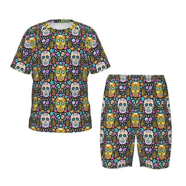 Balery Sugar Skulls Conjunto de Pijama Infantil de Manga Corta con Estampado – Ropa de Dormir de Algodón Suave-X-Large