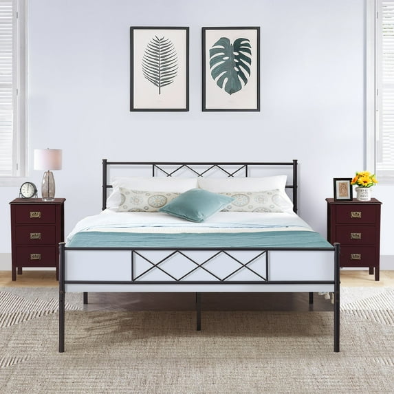 VECELO 3-Piece Bedroom Set with Metal Bed Frame and 2 Nightstand