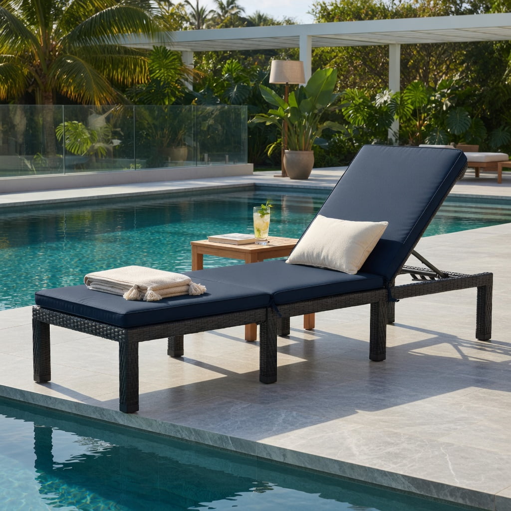 Hommoo Adjustable Height Outdoor Rattan Lounge Chair with Cushion, PE Wicker Patio Chair for Poolside, Garden & Porch, Navy & Off-White