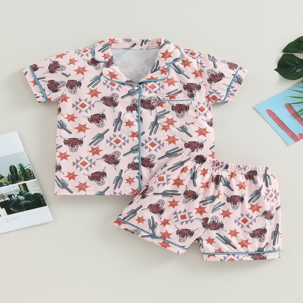 Kids Toddler Baby Girl Cow Print Pajamas Set Short Sleeve Button Down Shirt Top Shorts Bottoms Sleepwear Outfits 12 24 Months