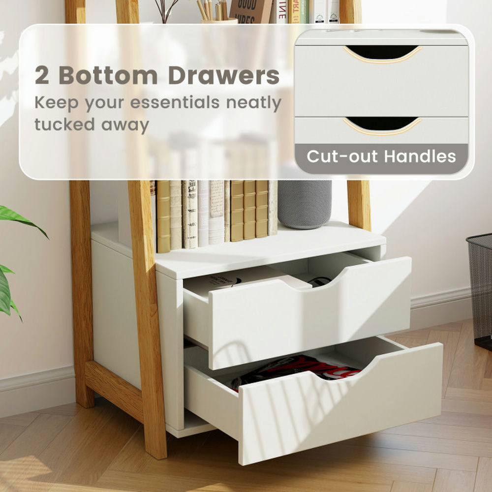 Demi Bonn 4-Tier Ladder Bookshelf Storage Display, Freestanding Bookcase with 2 Drawers, White